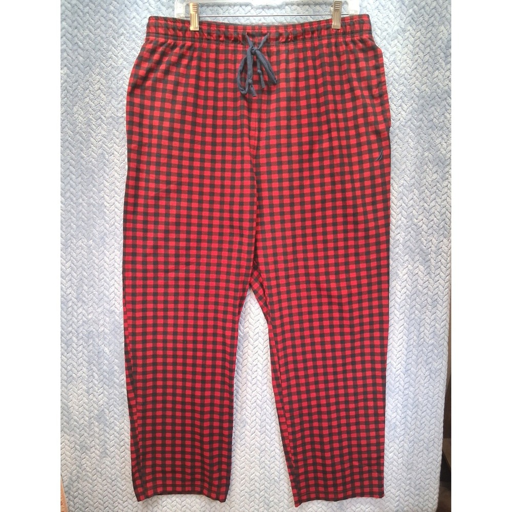 Nautica Mens Red Black Buffalo Plaid Pajama Pants Sleepwear Lounge Large